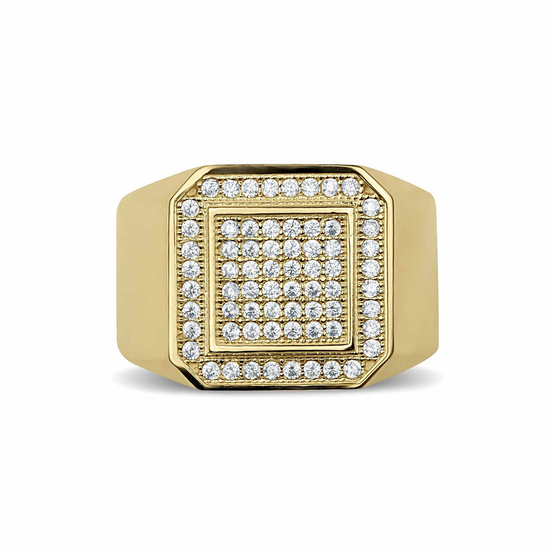 Gold Ren square signet iced cubic zirconia ring for men on white background.