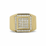 Gold Ren square signet iced cubic zirconia ring for men on white background.