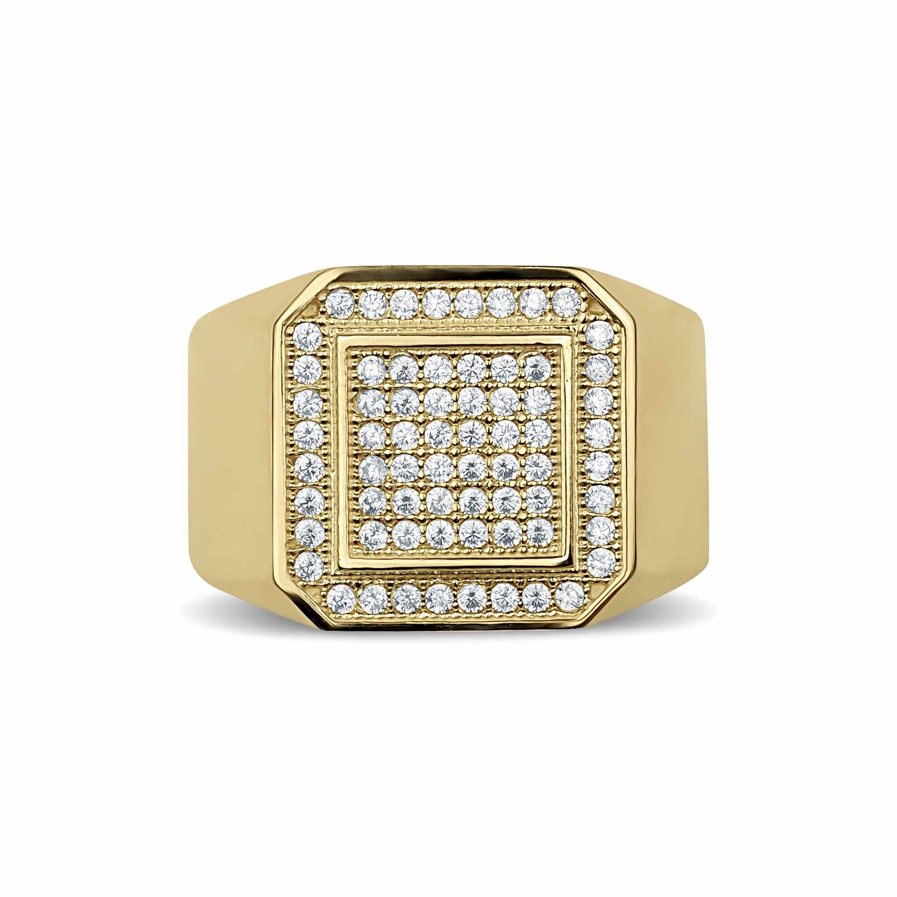 Gold Ren square signet iced cubic zirconia ring for men on white background.