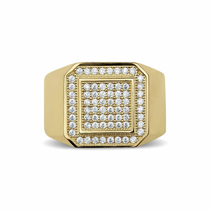 Gold Ren square signet iced cubic zirconia ring for men on white background.