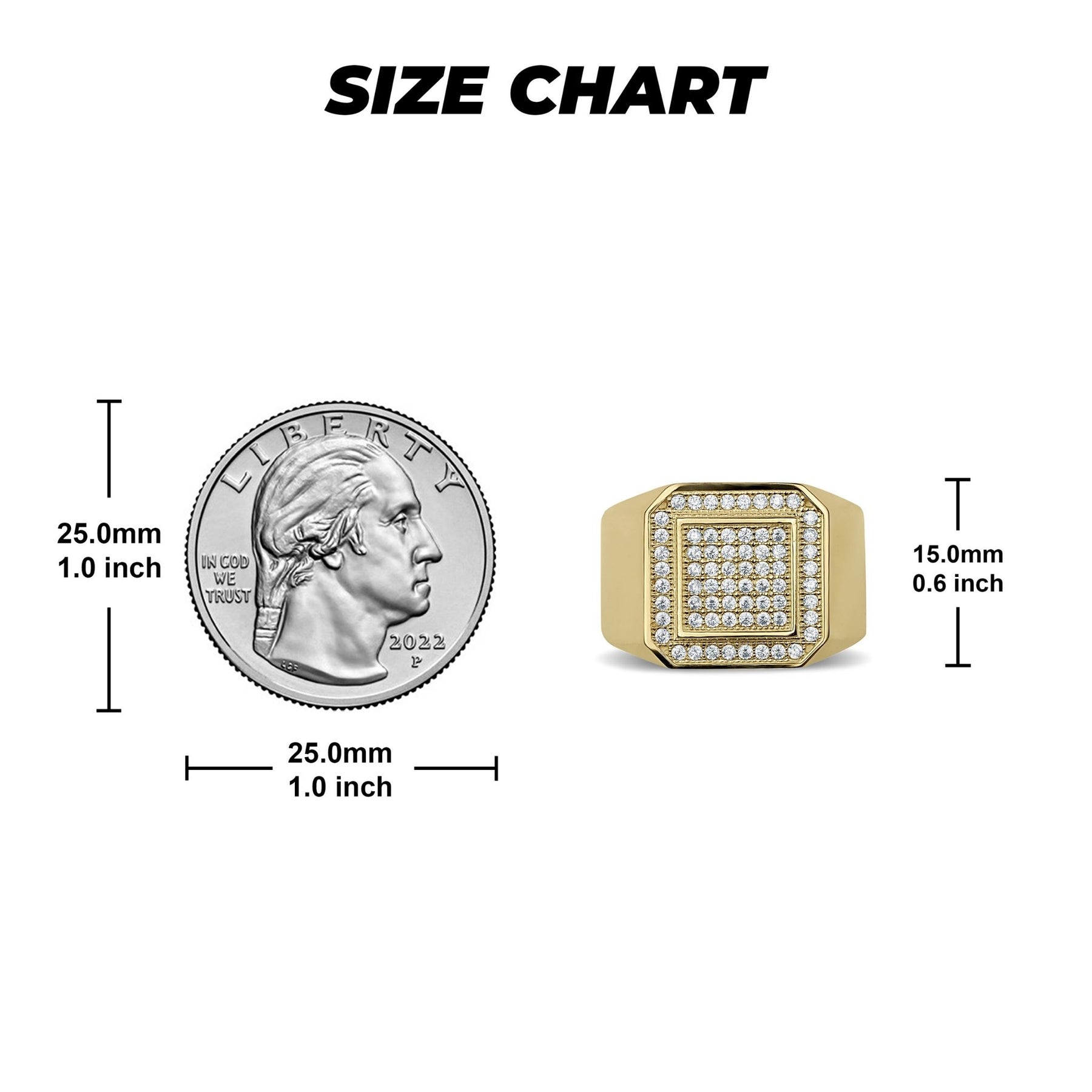 Gold Ren square signet cubic zirconia ring size chart with millimeter measurements.