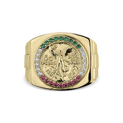 10k - 14k gold Centenario ring front view showing iconic coin design with cubic zirconia.
