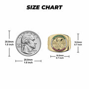 Size chart comparing a coin and a gold 10k & 14k Gold Rexo Centenario  ring.