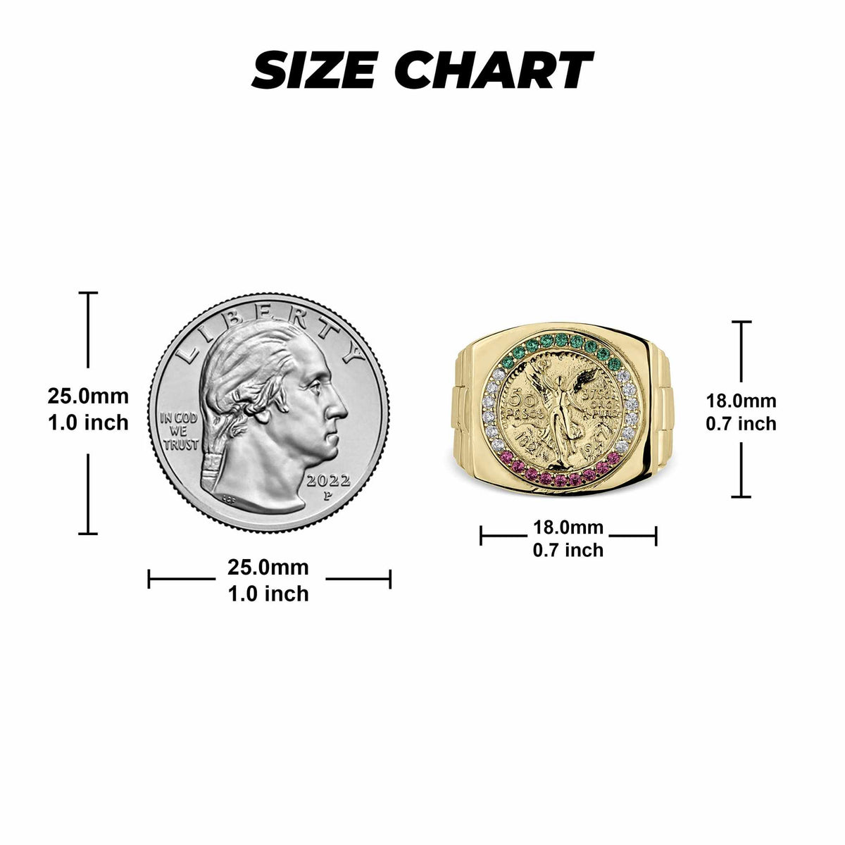 Size chart comparing a coin and a gold 10k & 14k Gold Rexo Centenario  ring.
