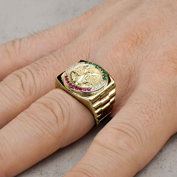 10k - 14k Gold ring with Cubic Zirconia on a finger against a neutral background