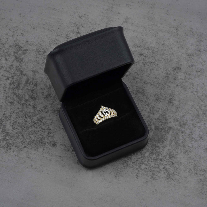 10k - 14k gold ring with a crown and number 15 design in a black jewelry box 