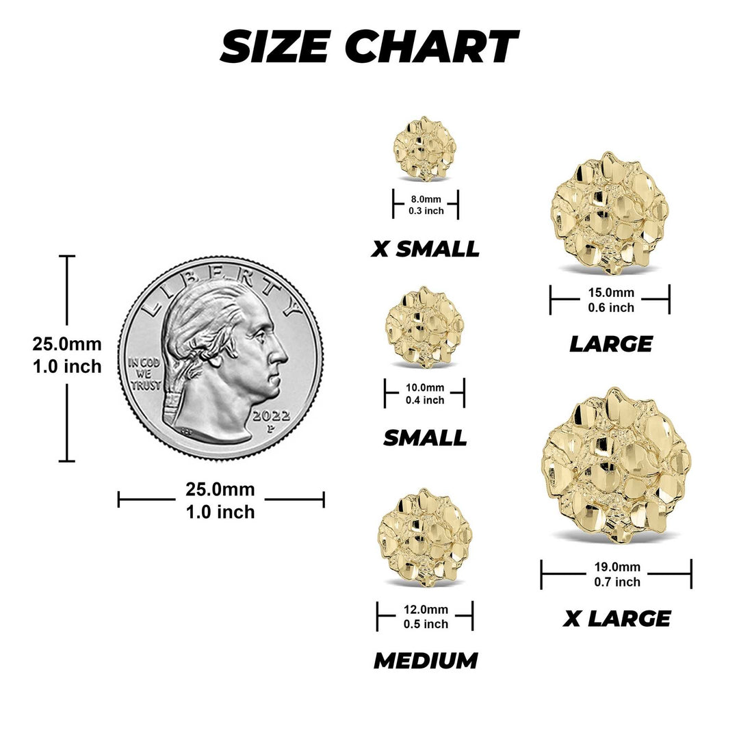 Size chart for gold round nugget stud earrings comparing five sizes against a coin.
