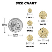 Size chart for gold round nugget stud earrings comparing five sizes against a coin.