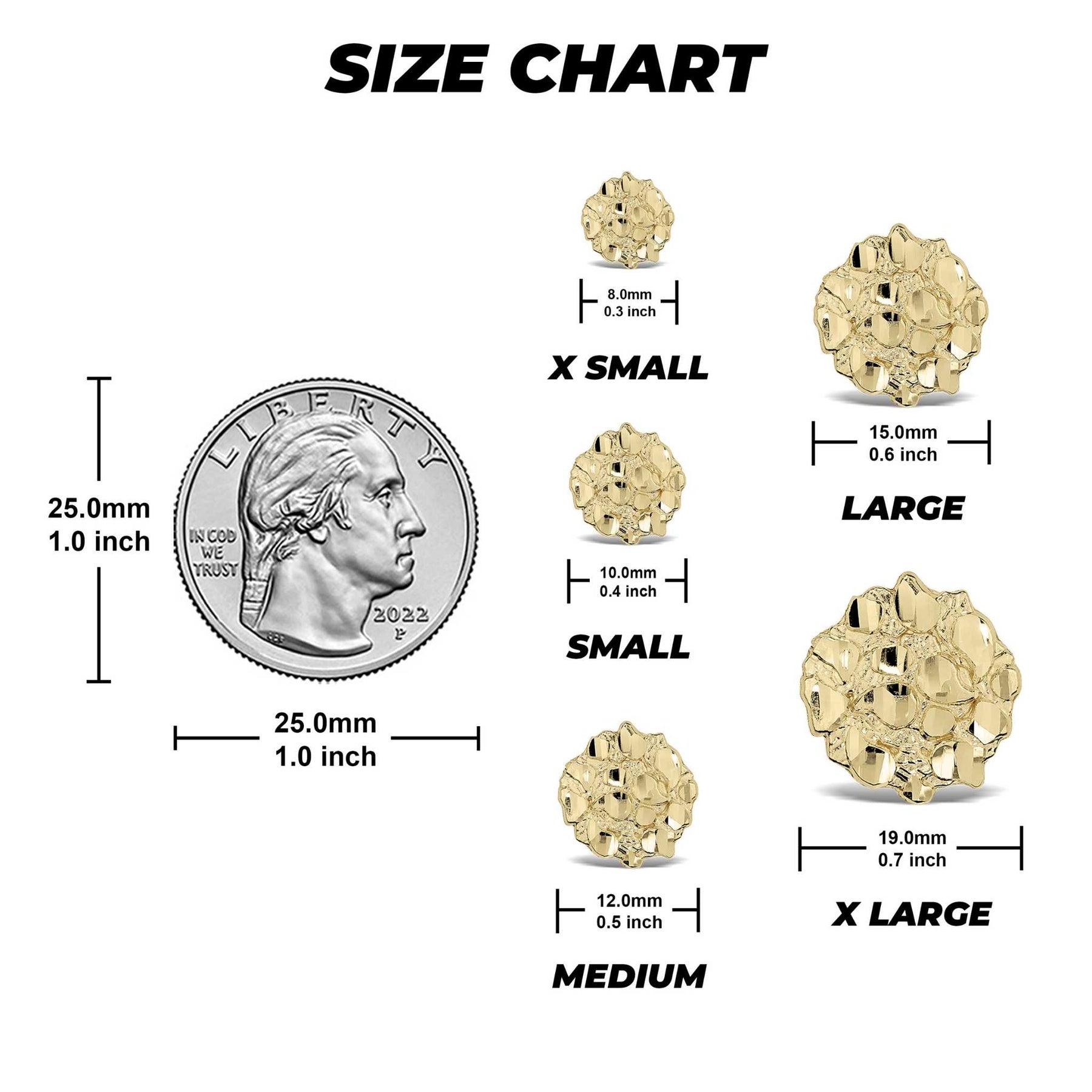 Size chart for gold round nugget stud earrings comparing five sizes against a coin.