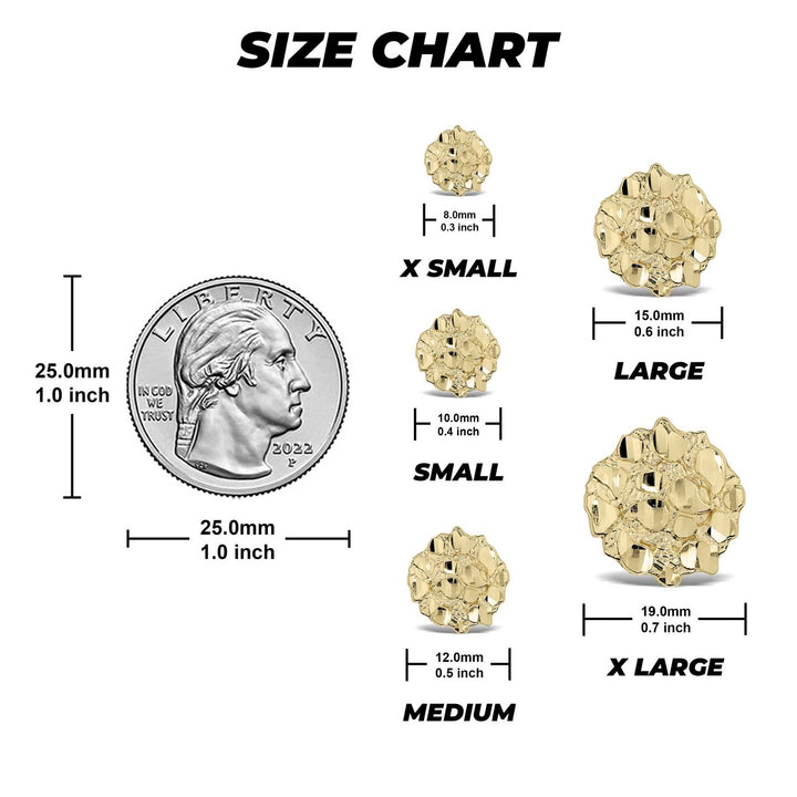 Size chart for gold round nugget stud earrings comparing five sizes against a coin.