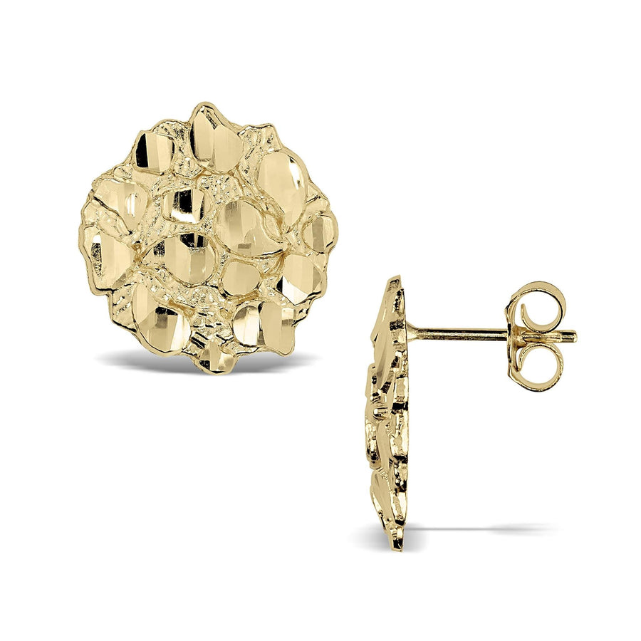 10k and 14k gold round nugget stud earrings, front and side views.