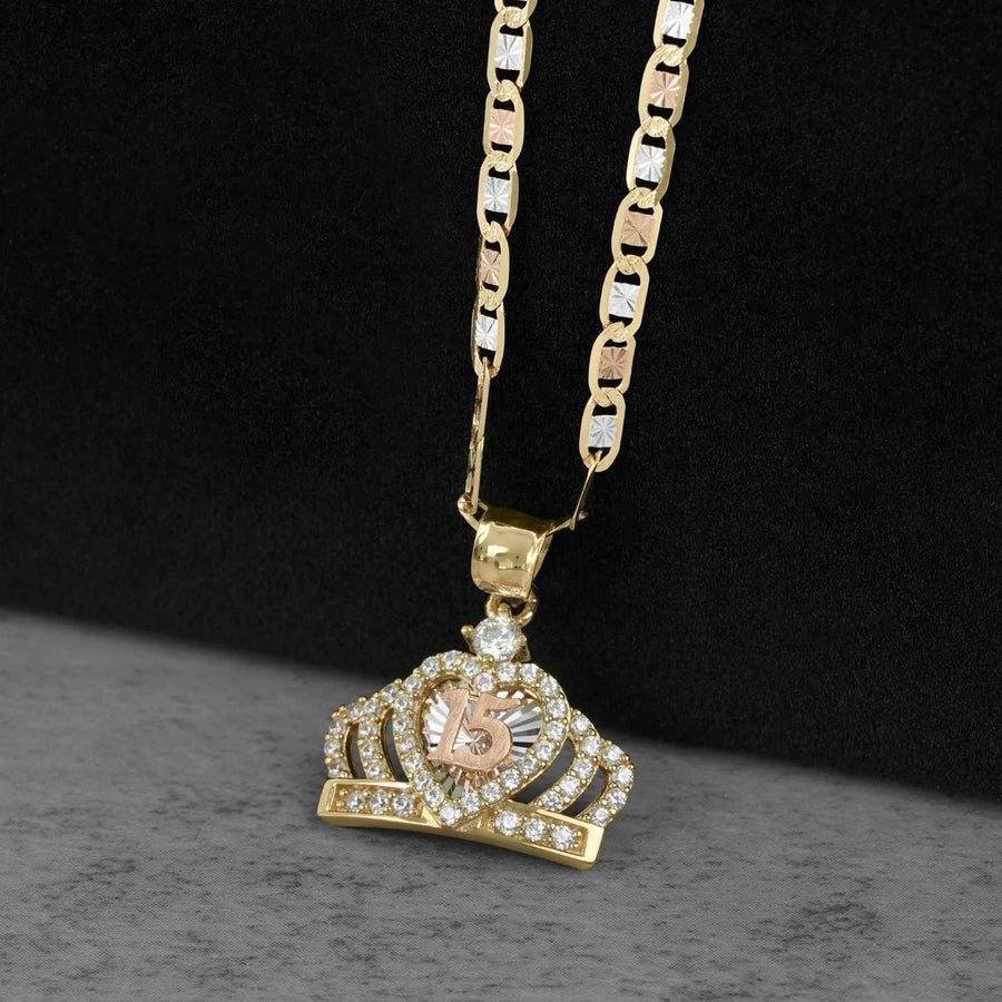 10k & 14k Gold Royal Quinceanera Crown Pendant Necklace featuring a crown pendant with cubic zirconia.