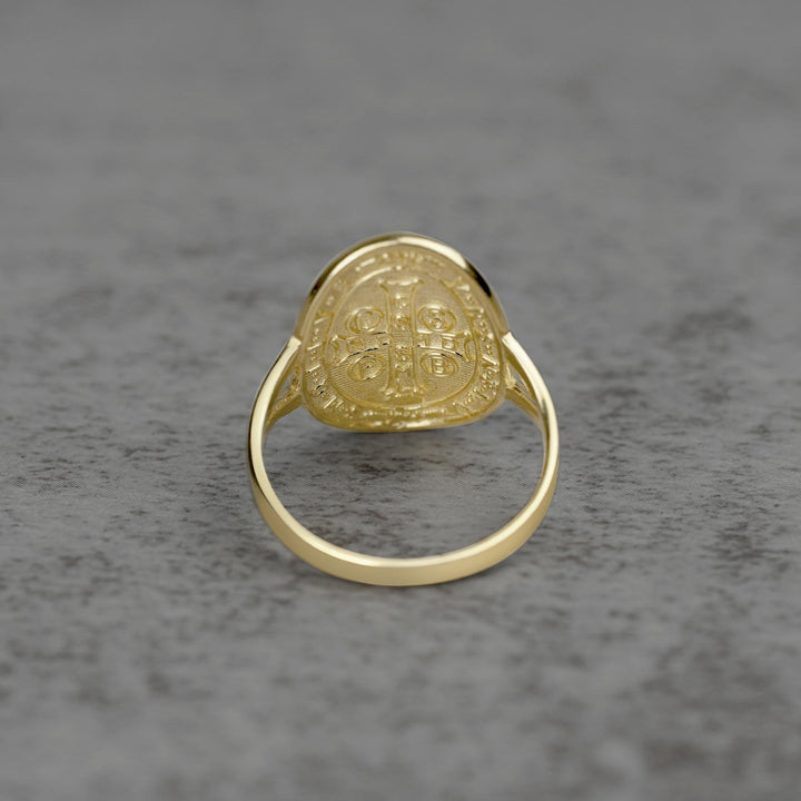 10k- 14k  Classic Saint Benedict Oval gold Ring back view 