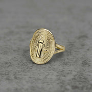 10k - 14k gold ring with Classic Saint Benedict Oval Ring front view