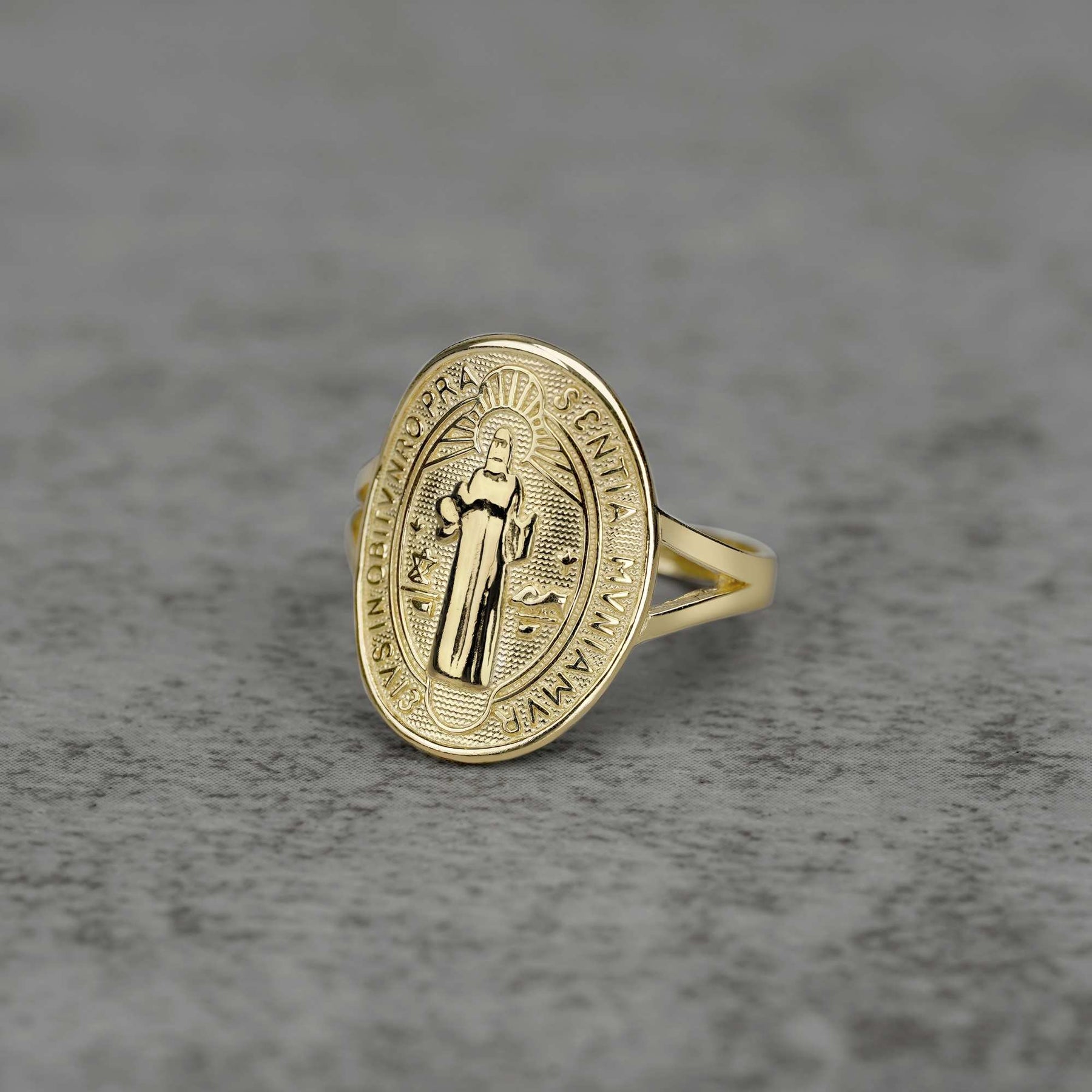 10k - 14k gold ring with Classic Saint Benedict Oval Ring front view