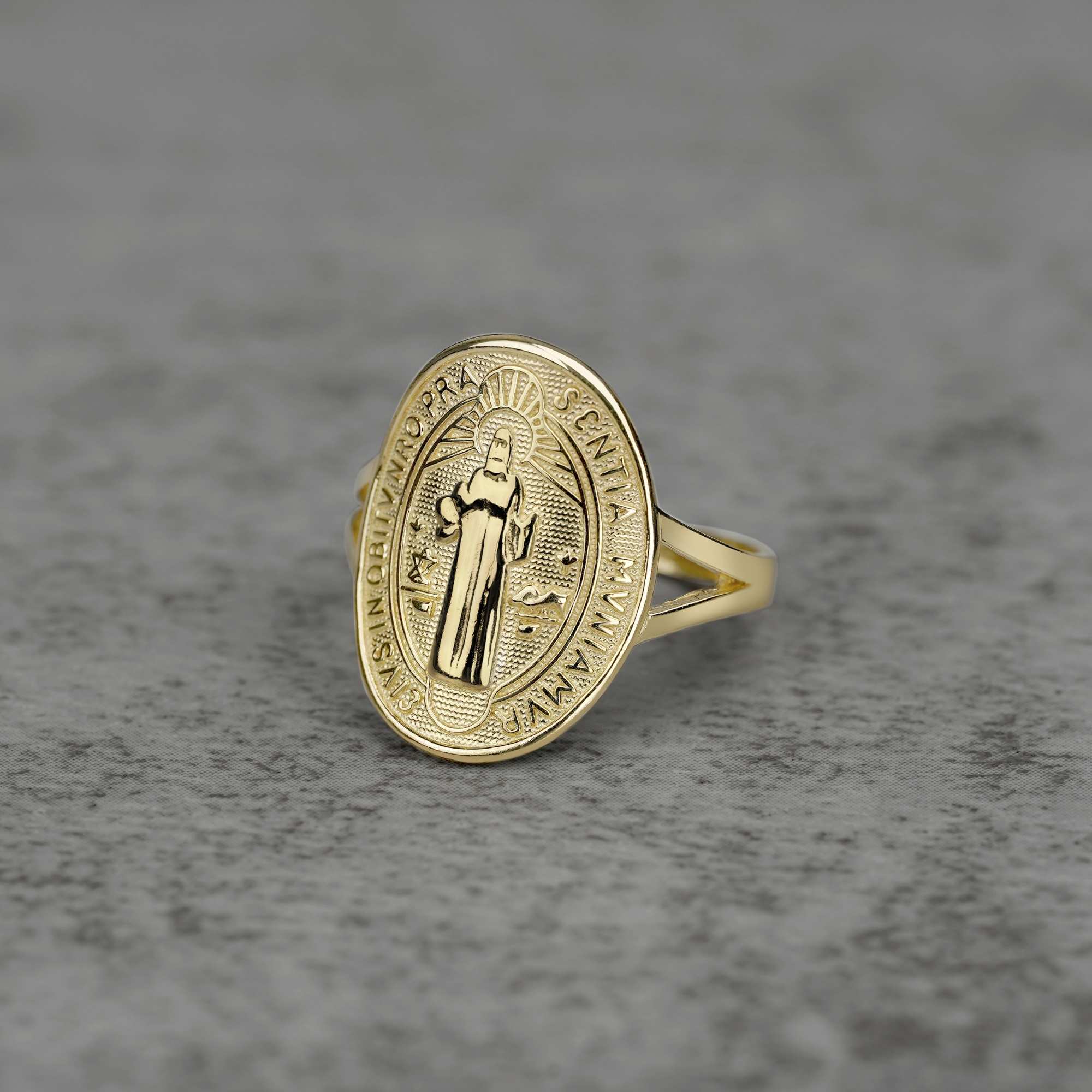 10k - 14k gold ring with Classic Saint Benedict Oval Ring front view