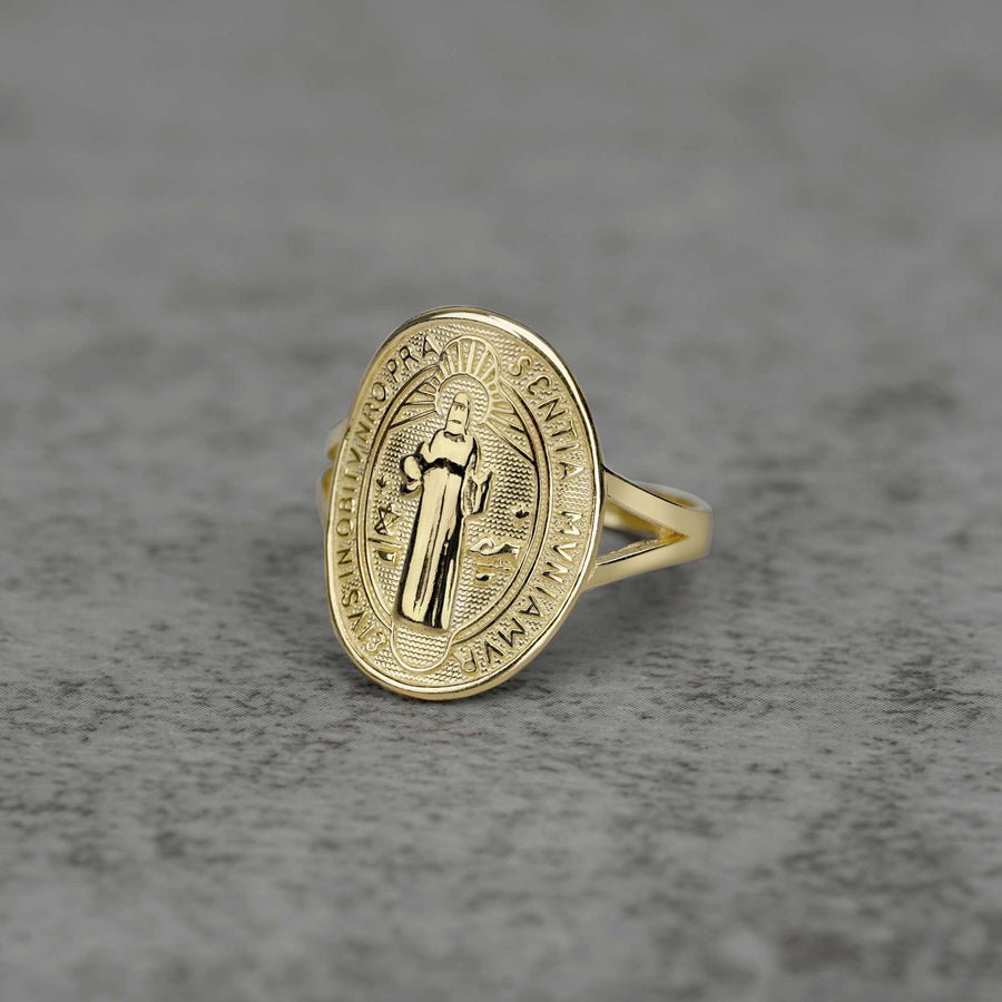 10k - 14k gold ring with Classic Saint Benedict Oval Ring front view