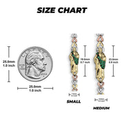 Size chart comparing small and medium gold San Judas motifs against a quarter.