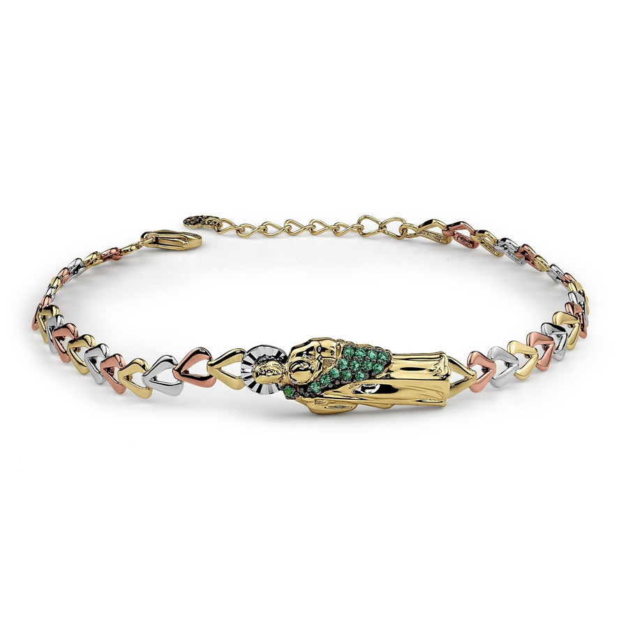 Tricolor gold San Judas bracelet with green cubic zirconia arranged in a circle.