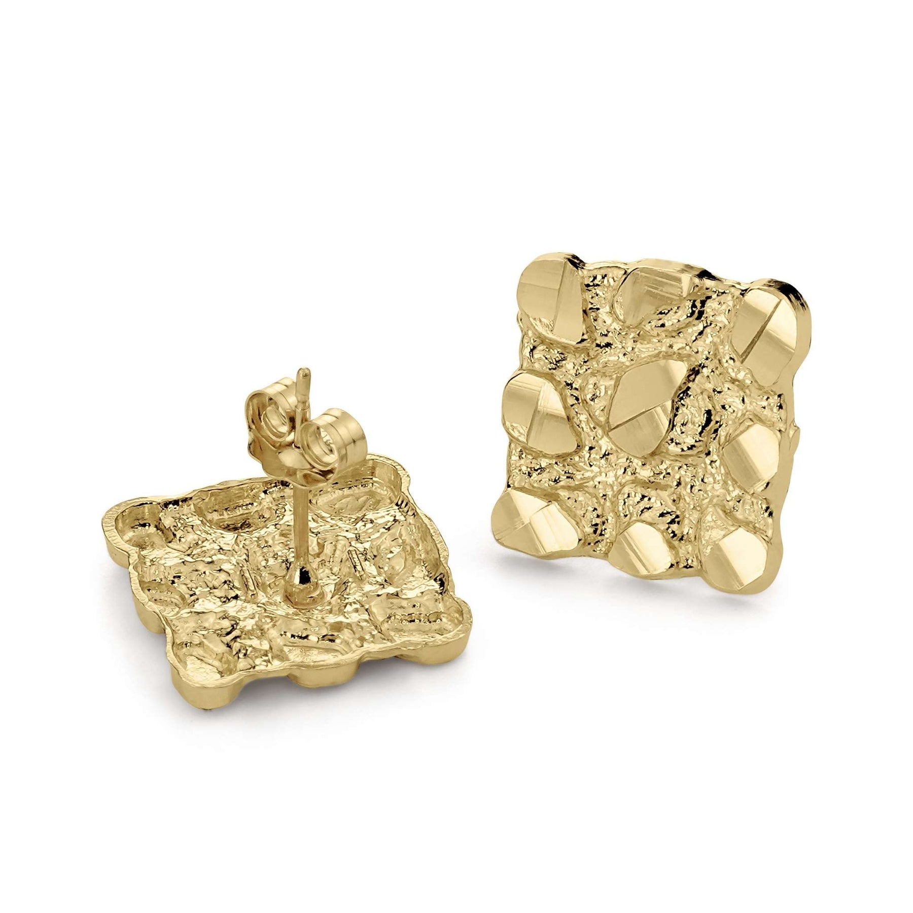 Detailed back and angled front view of gold square nugget stud earrings.