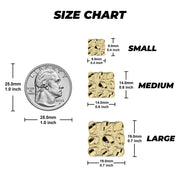 Size chart displaying three gold square nugget stud earring sizes with a quarter.