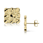 Front and side profile of textured gold square nugget stud earrings.