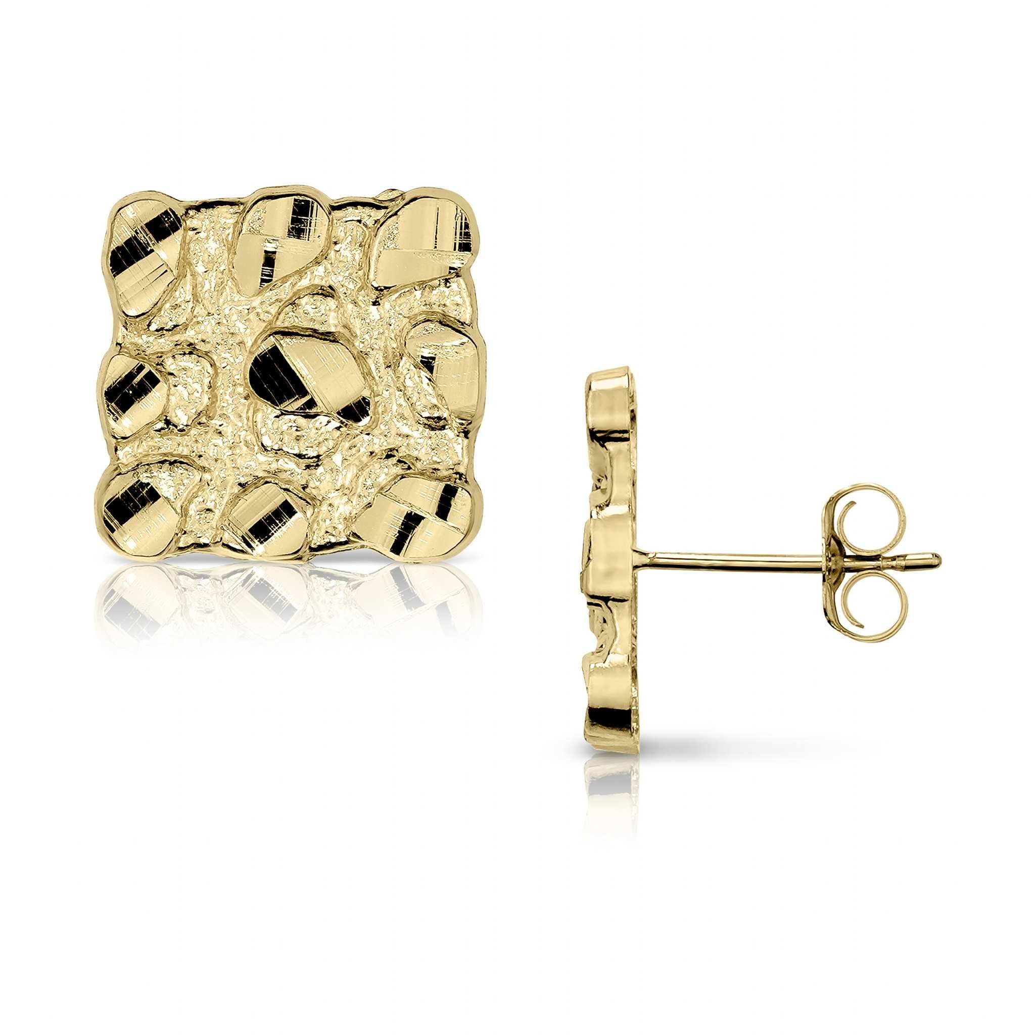 Front and side profile of textured gold square nugget stud earrings.