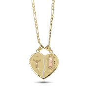Two-tone gold breakable heart pendant necklace with crucifix, Virgin Mary, and chain on white.