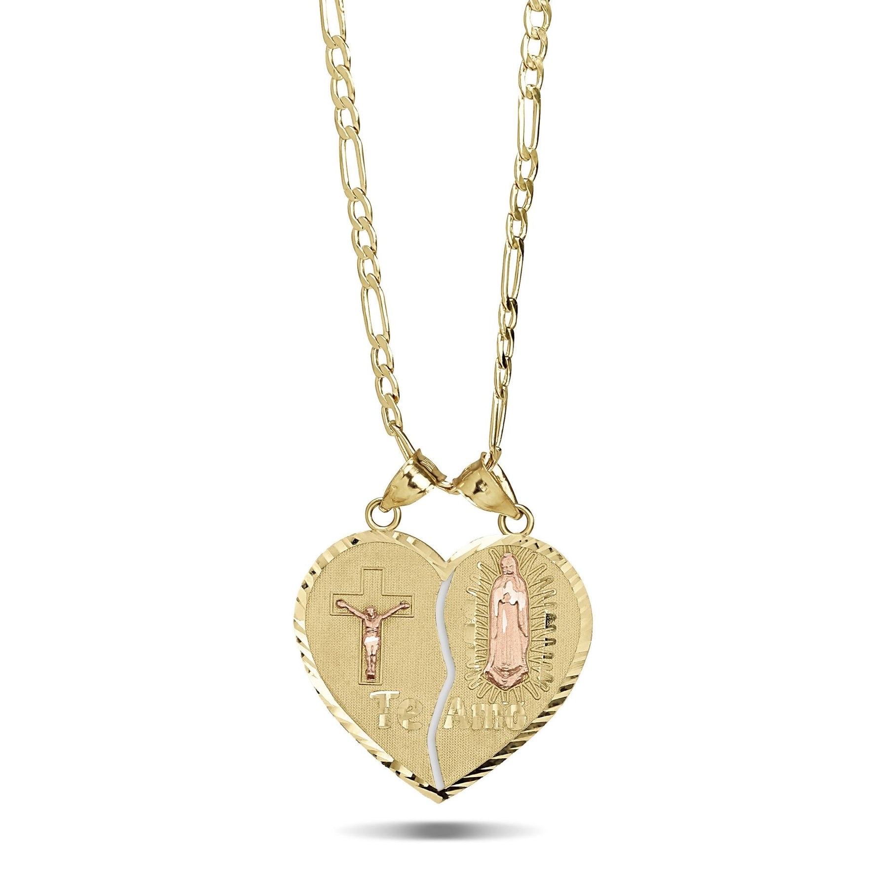 Two-tone gold breakable heart pendant necklace with crucifix, Virgin Mary, and chain on white.