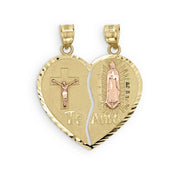 Product photo of a 10k and 14k gold Te Amo breakable heart pendant on white.