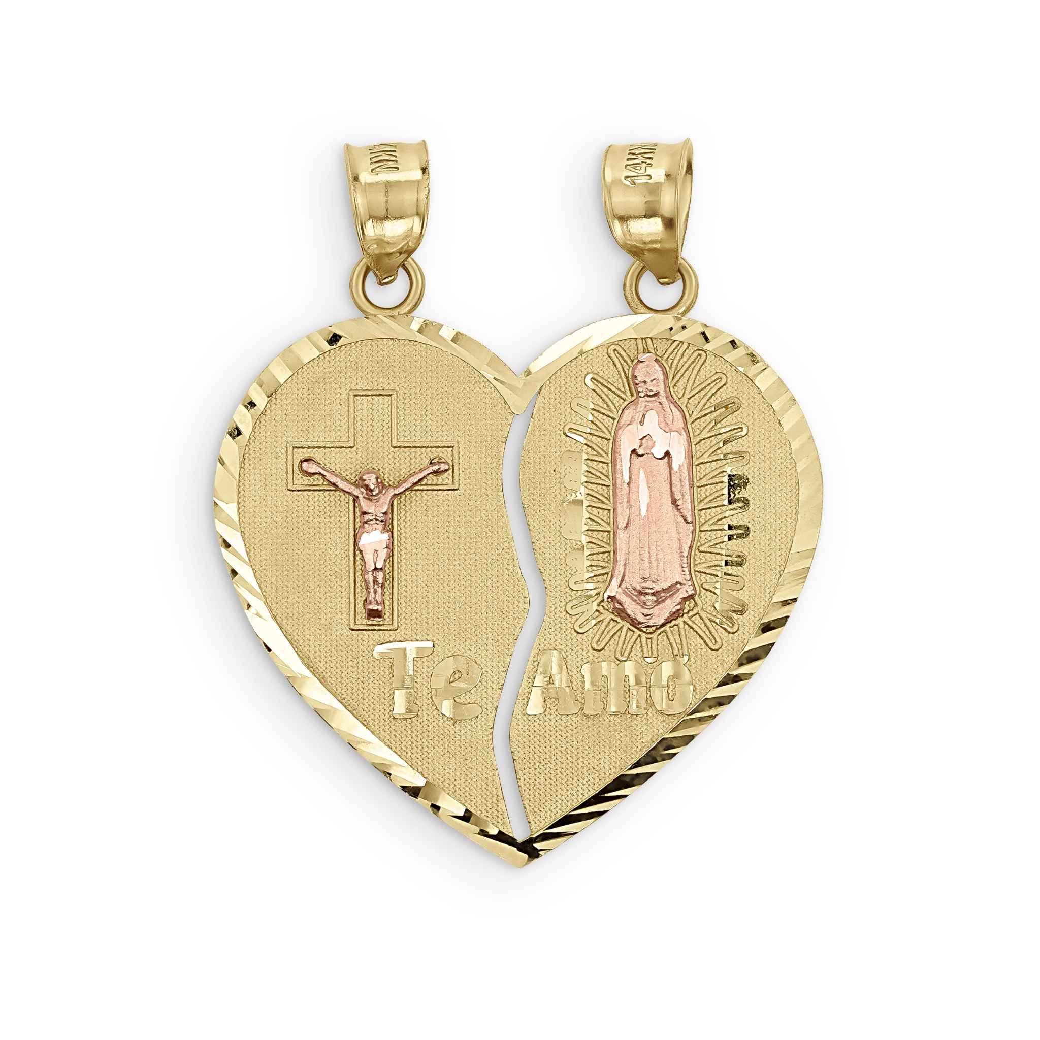 Product photo of a 10k and 14k gold Te Amo breakable heart pendant on white.
