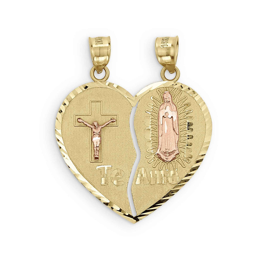 Product photo of a 10k and 14k gold Te Amo breakable heart pendant on white.