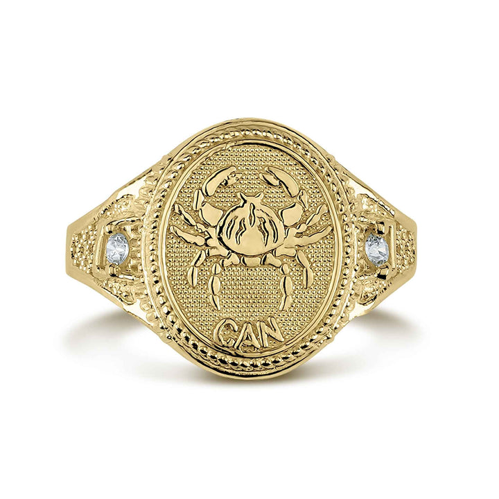 10k or 14k gold Cancer zodiac signet CZ ring on a white background.