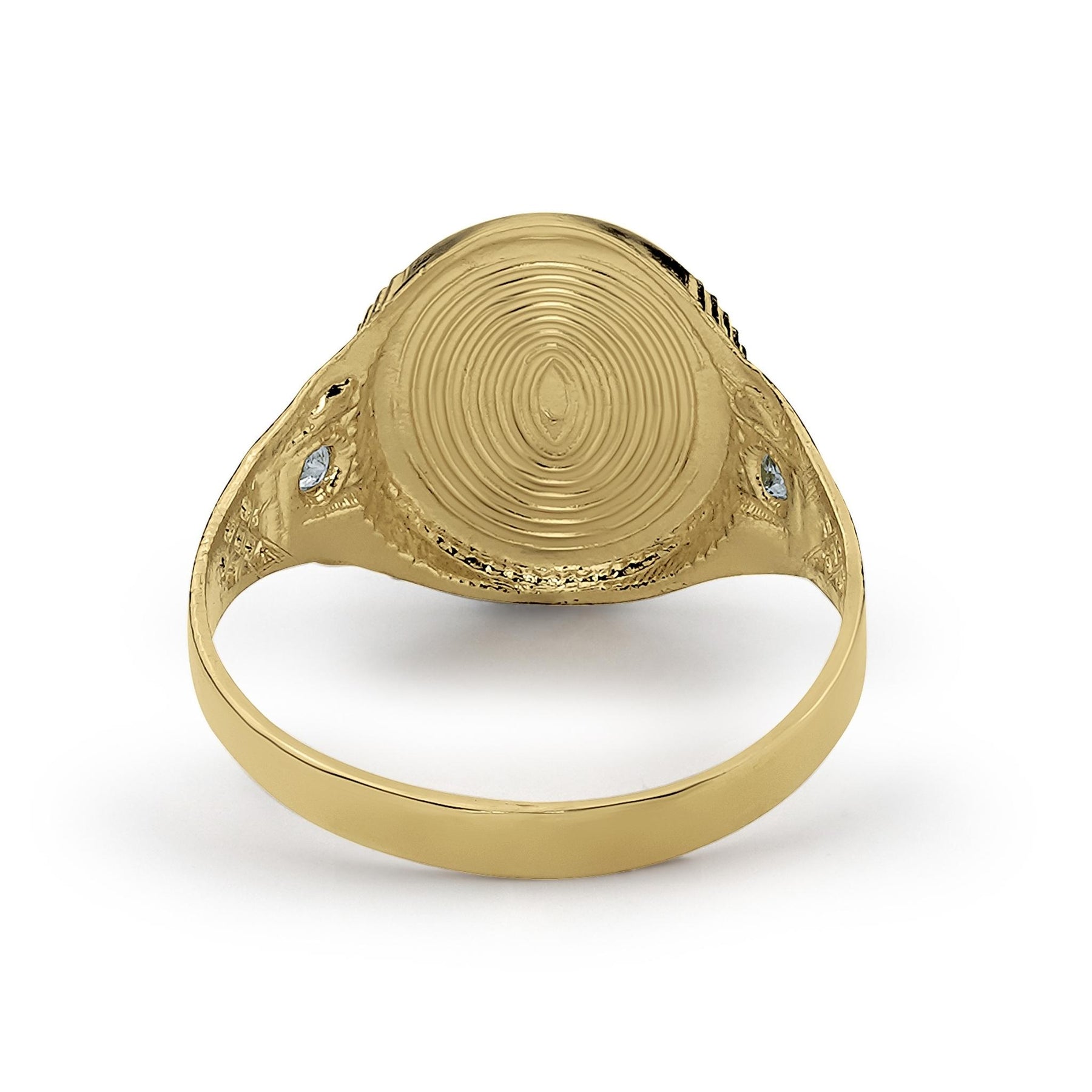 10k or 14k gold signet ring showcasing a smooth oval face with inner textured detailing.