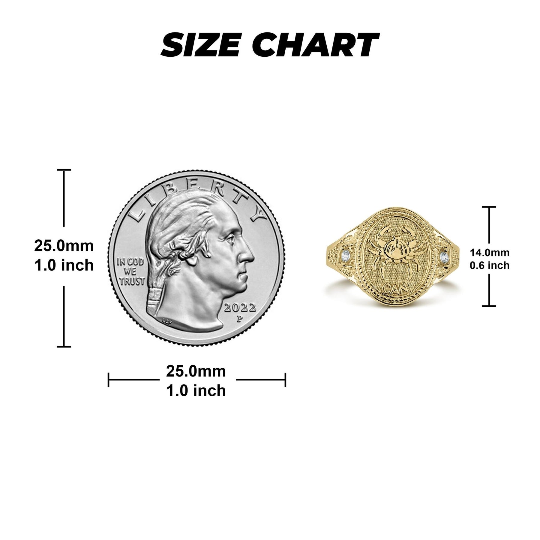 Size chart for 10k or 14k gold zodiac signet rings with millimeter measurements.