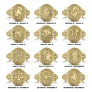 All twelve gold zodiac constellation signet ring designs displayed with dates.