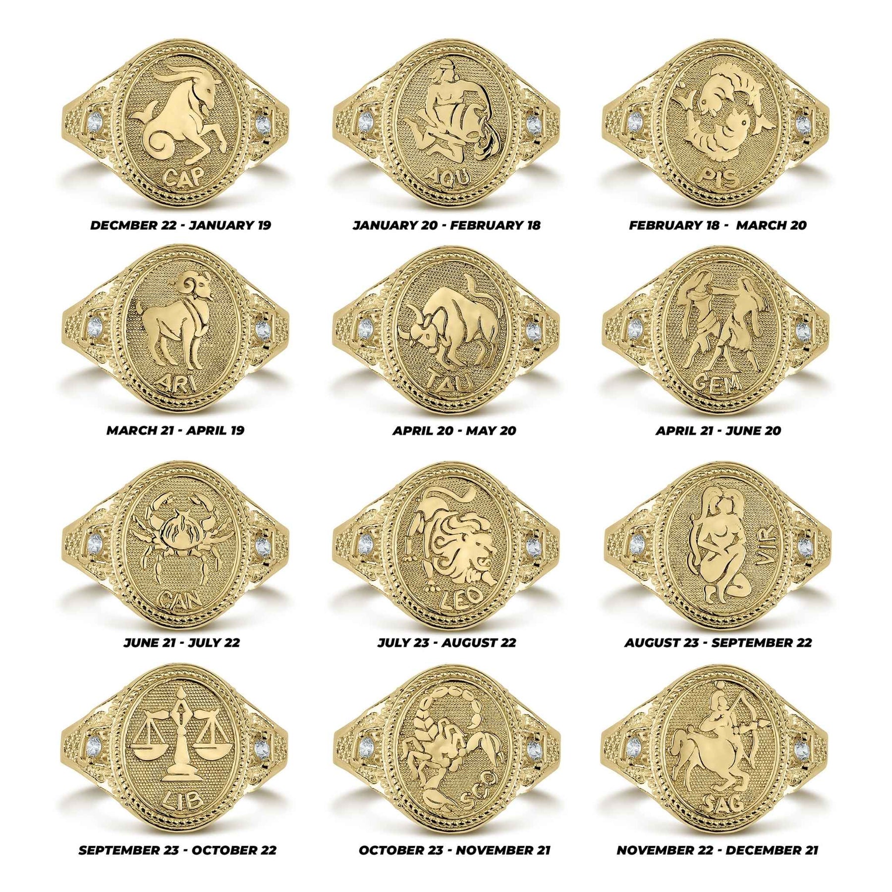 All twelve gold zodiac constellation signet ring designs displayed with dates.