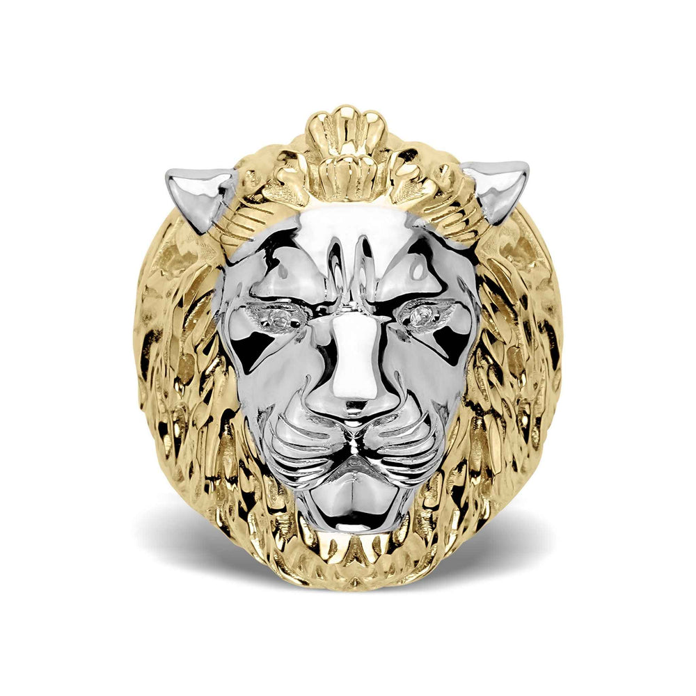 Front view of 10k & 14k Gold Classic Two-Tone Lion Ring with a white gold face accent.