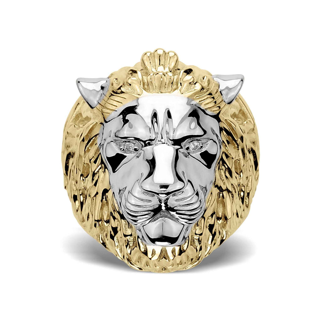 Front view of 10k & 14k Gold Classic Two-Tone Lion Ring with a white gold face accent.