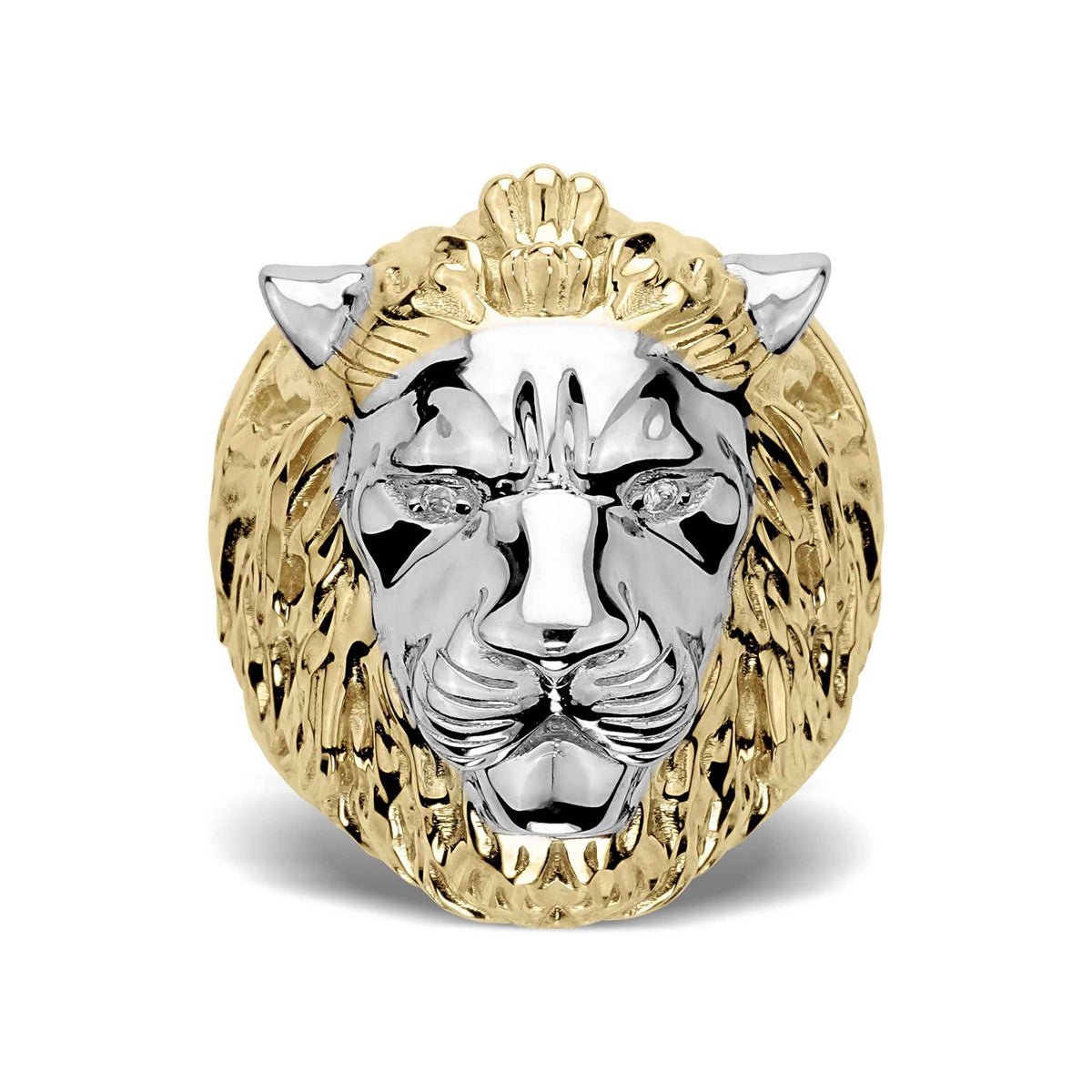Front view of 10k & 14k Gold Classic Two-Tone Lion Ring with a white gold face accent.