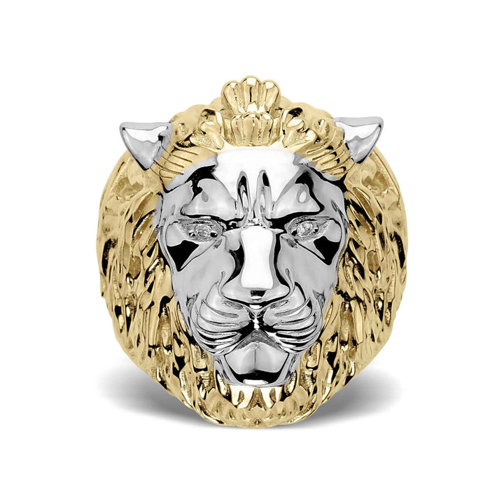 Front view of 10k & 14k Gold Classic Two-Tone Lion Ring with a white gold face accent.