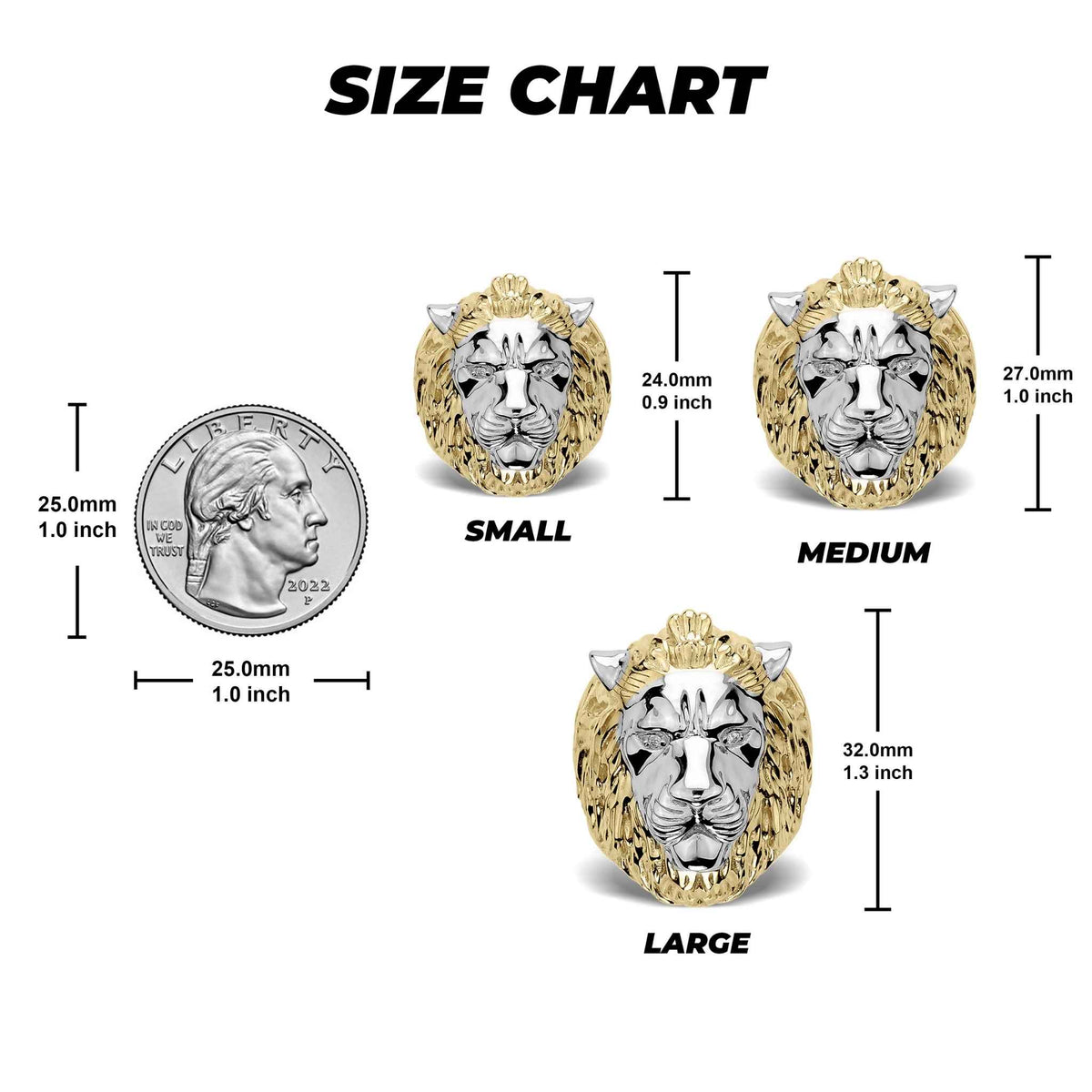 Size chart for 10k & 14k Gold Classic Two-Tone Lion Ring comparing dimensions to a US quarter.