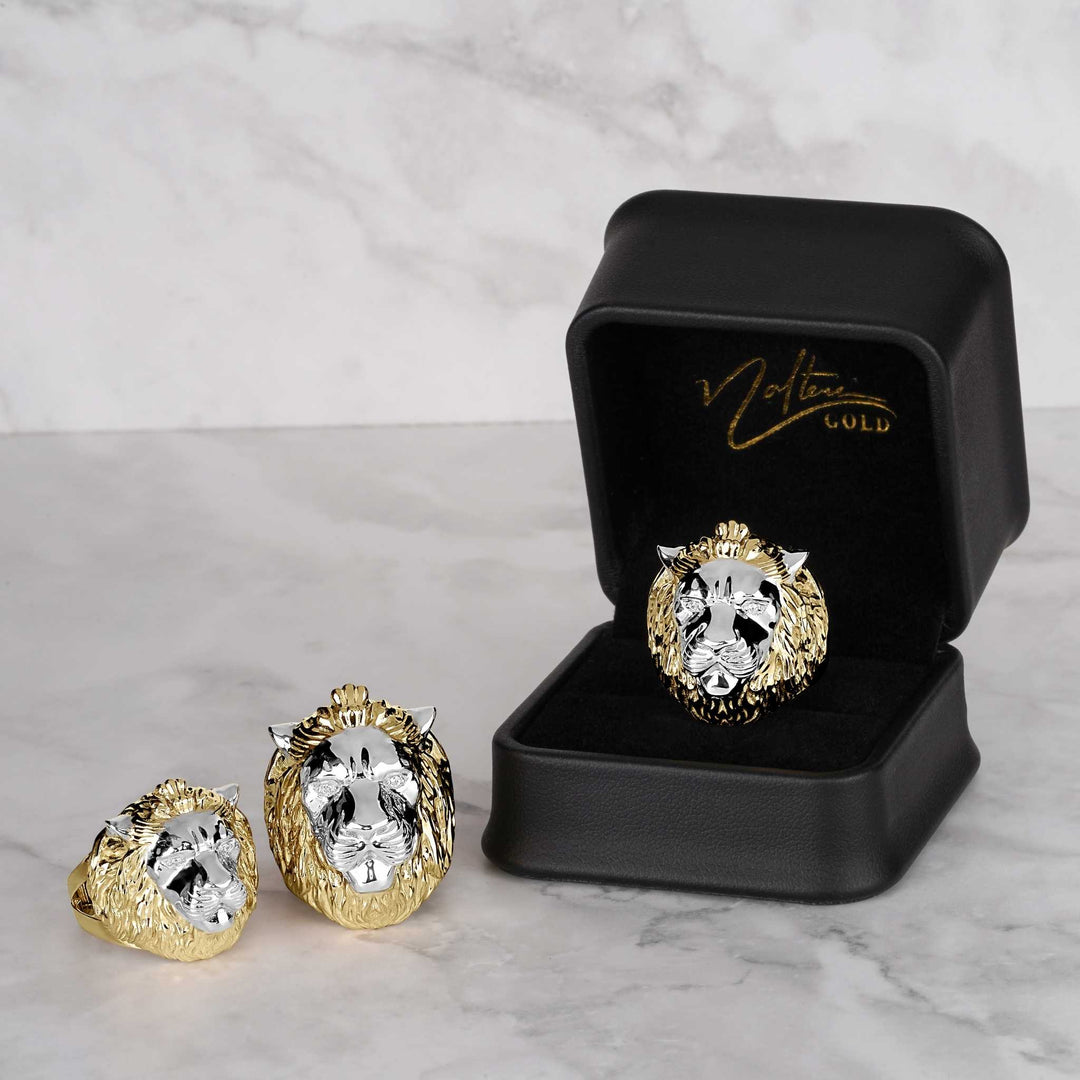 10k & 14k Gold Classic Two-Tone Lion Ring displayed inside a luxury black gift box.