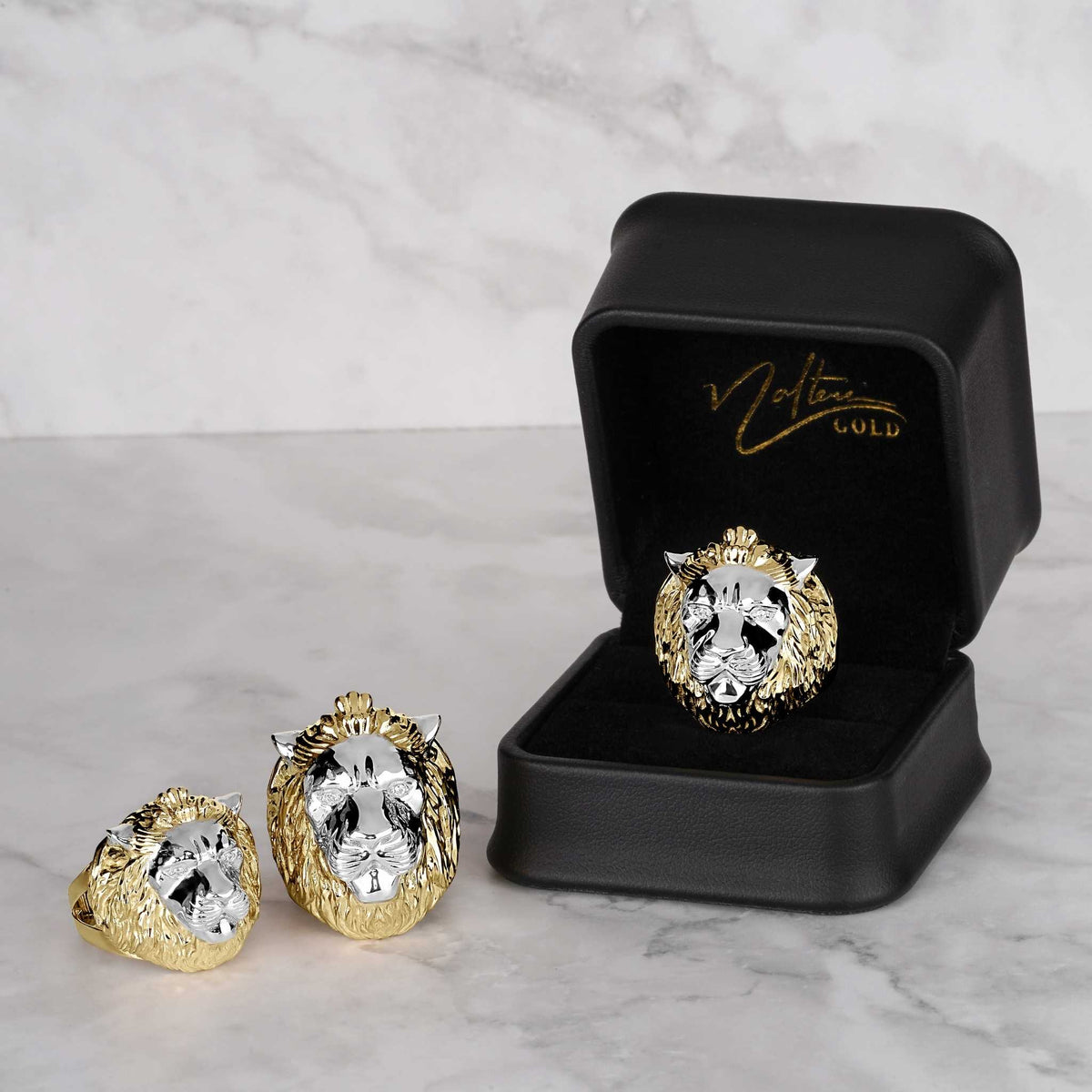 10k & 14k Gold Classic Two-Tone Lion Ring displayed inside a luxury black gift box.