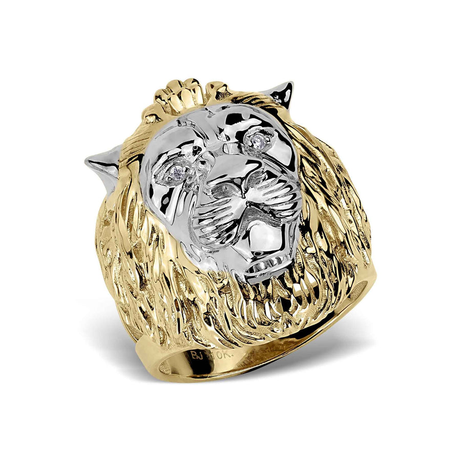 Angled side view of 10k & 14k Gold Classic Two-Tone Lion Ring with white gold facial accent.