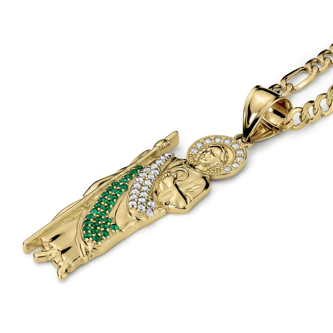 Gold San Judas pendant with green crystal robe and clear halo on a Figaro chain.
