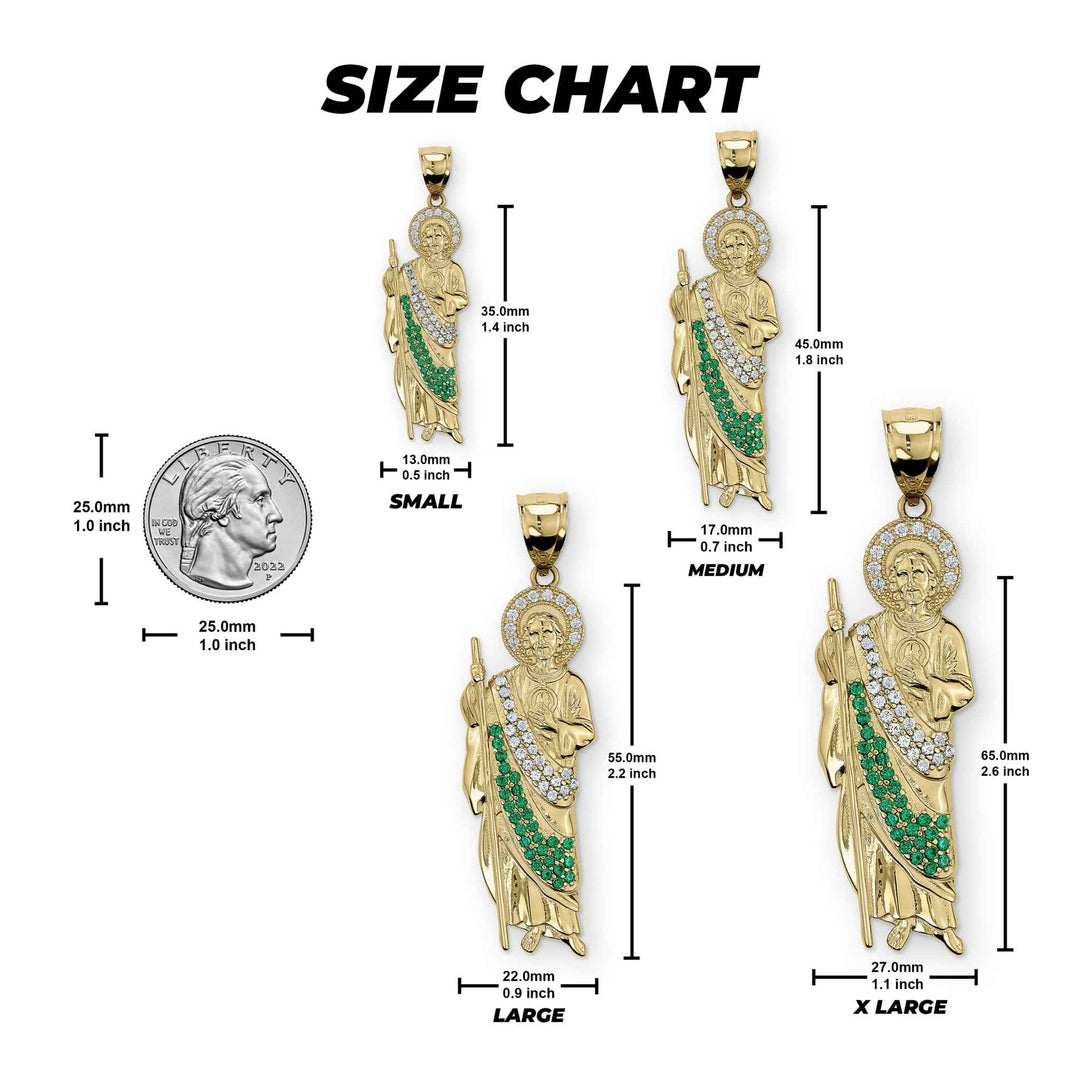 Size chart graphic showing small, medium, large, and extra-large gold San Judas pendants with dimensions and a US quarter for scale.