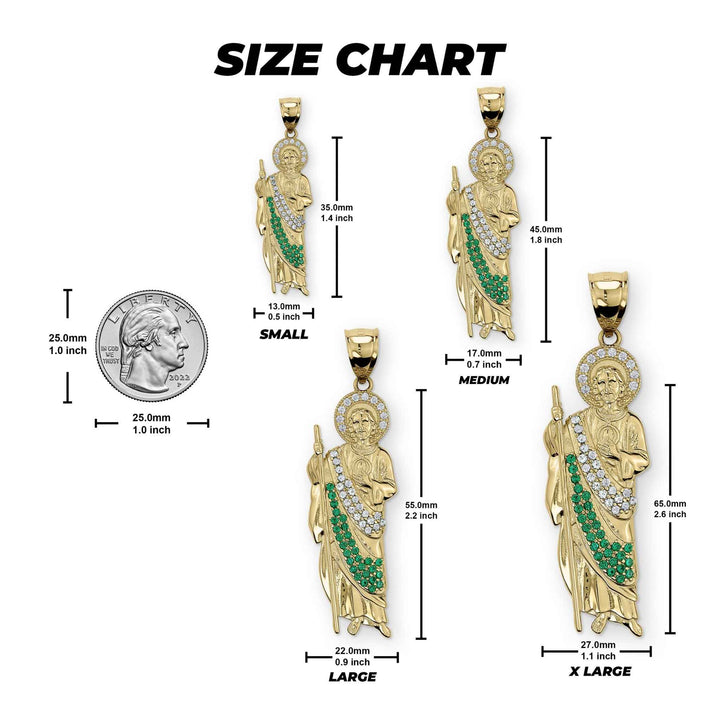 Size chart graphic showing small, medium, large, and extra-large gold San Judas pendants with dimensions and a US quarter for scale.