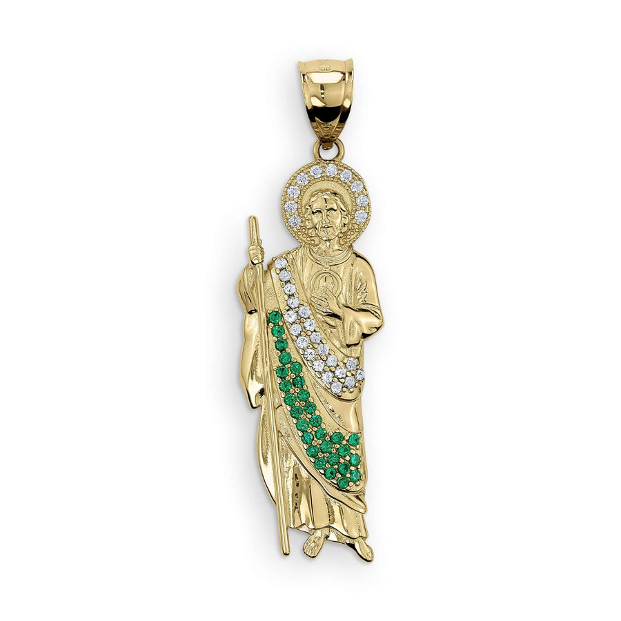 Gold San Judas pendant featuring a crystal halo and green gemstone robe on white.