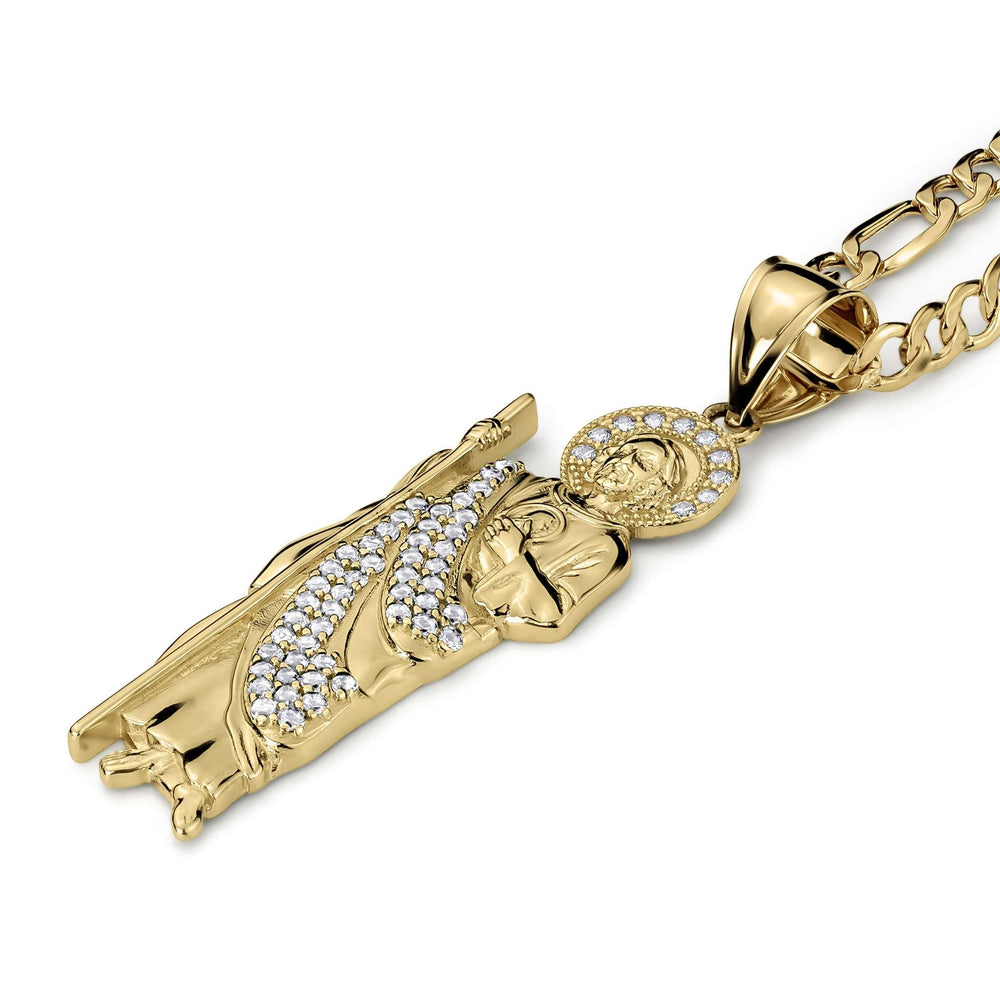 Gold San Judas pendant necklace with a crystal-accented figure on a matching Figaro chain.